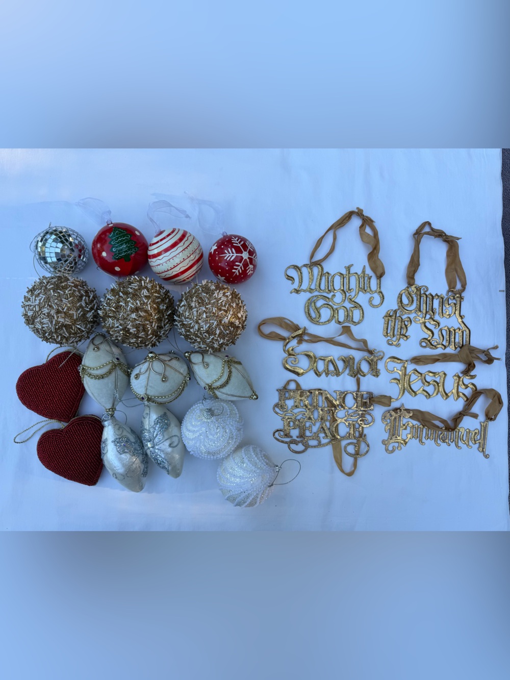Lot of assorted Holiday Christmas Ornaments in Red, Gold, and White